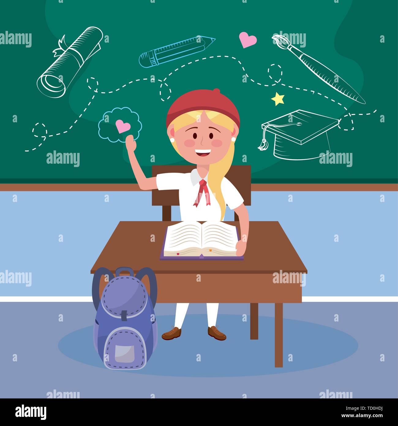 girl student with desk and book with backpack to back to school vector ...