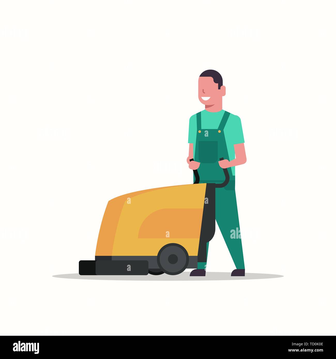 man holding professional washing machine male cleaner janitor in uniform cleaning service floor care concept flat full length Stock Vector