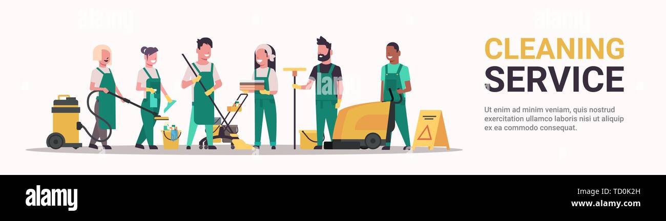 janitors team cleaning service concept male female mix race cleaners in ...