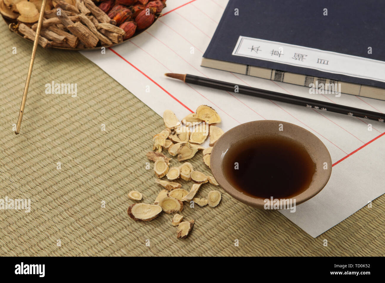Chinese herbs and prescriptions on the table Stock Photo