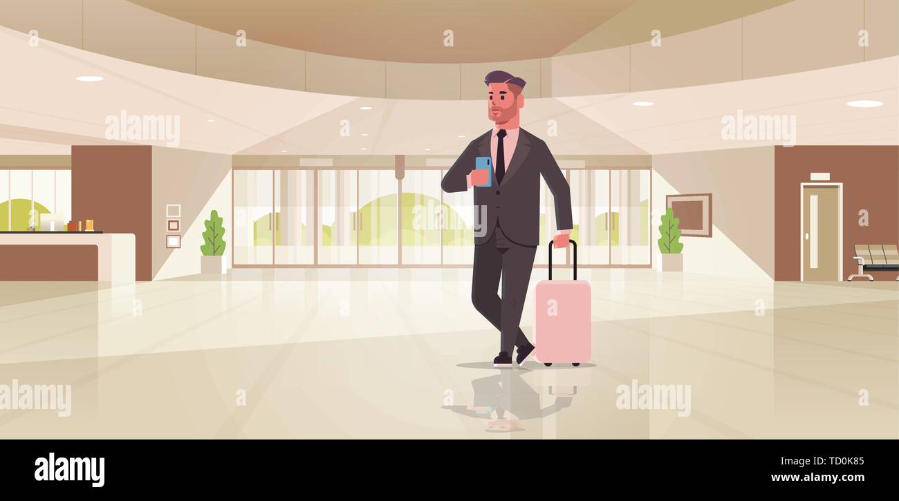 businessman with luggage modern reception area business man holding suitcase guy standing in lobby contemporary hotel hall interior flat horizontal Stock Vector