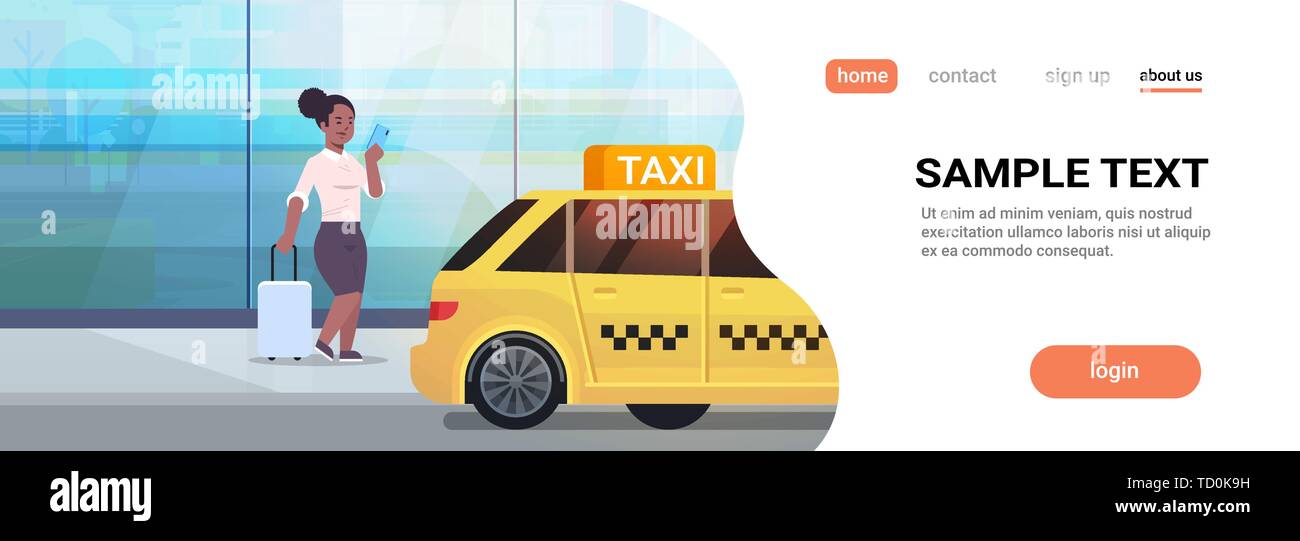 businesswoman using mobile app ordering taxi on street african american business woman with luggage near yellow cab city transportation service Stock Vector