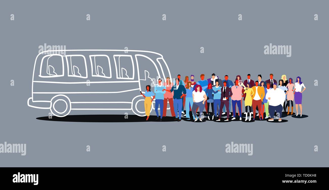 group of people passengers waiting for tour bus tourists men women crowd at city public transport station sketch doodle horizontal Stock Vector