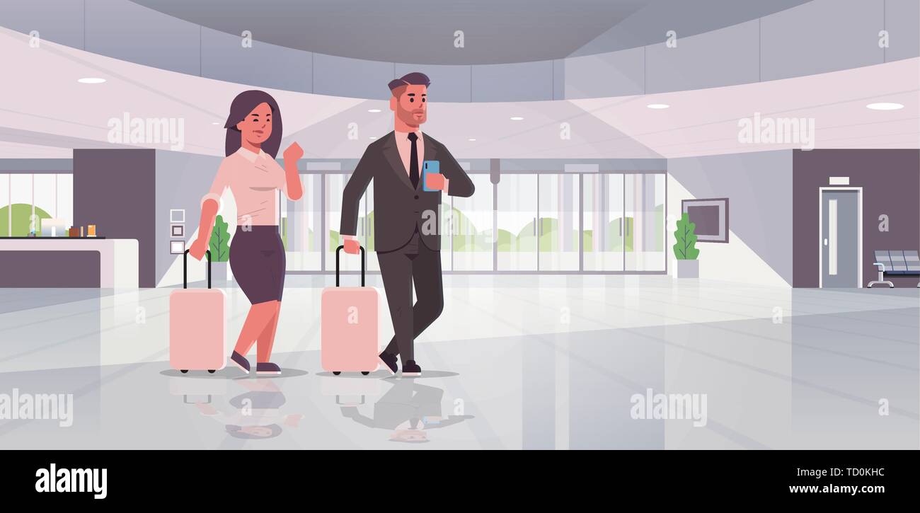 businesspeople with luggage couple standing at reception area business man woman holding suitcase contemporary lobby hotel hall interior flat Stock Vector