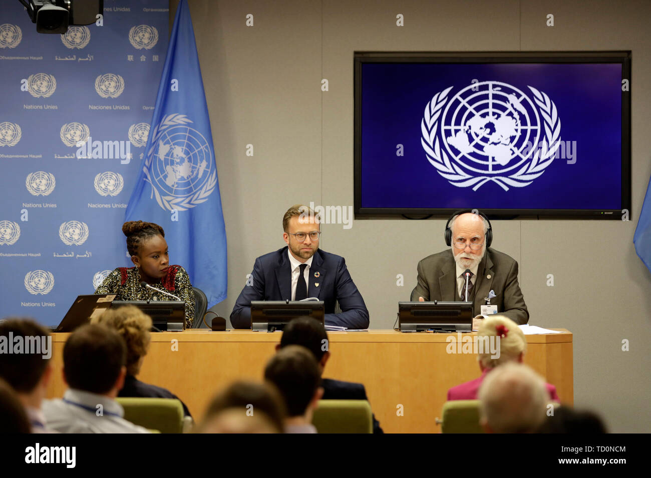 (190610) -- UNITED NATIONS, June 10, 2019 (Xinhua) -- (From L to R) Nanjira Sambuli, Digital Equality Advocacy Manager for the World Wide Web Foundation, Nikolai Astrup, Norway's Minister of Digitalization, and Vinton Cerf, Chief Internet Evangelist at Google, attend a press briefing on the report of the High-level Panel on Digital Cooperation, at the UN headquarters in New York, on June 10, 2019. An expert group appointed by the United Nations called on governments, the private sector and civil society, in its first report released Monday, to work together urgently to maximize the benefits an Stock Photo
