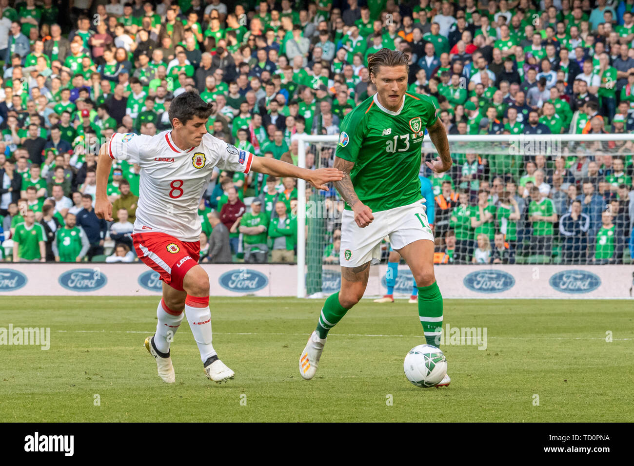 Dublin, Ireland. 10th June, 2019. Anthony Bardon and Jeff Hendrick in action during the European Championship 2020 Qualifying Round of Gibraltar vs Ireland in the Aviva Stadium, Dublin. Ireland 2-0 Gibraltar Credit: SOPA Images Limited/Alamy Live News Stock Photo
