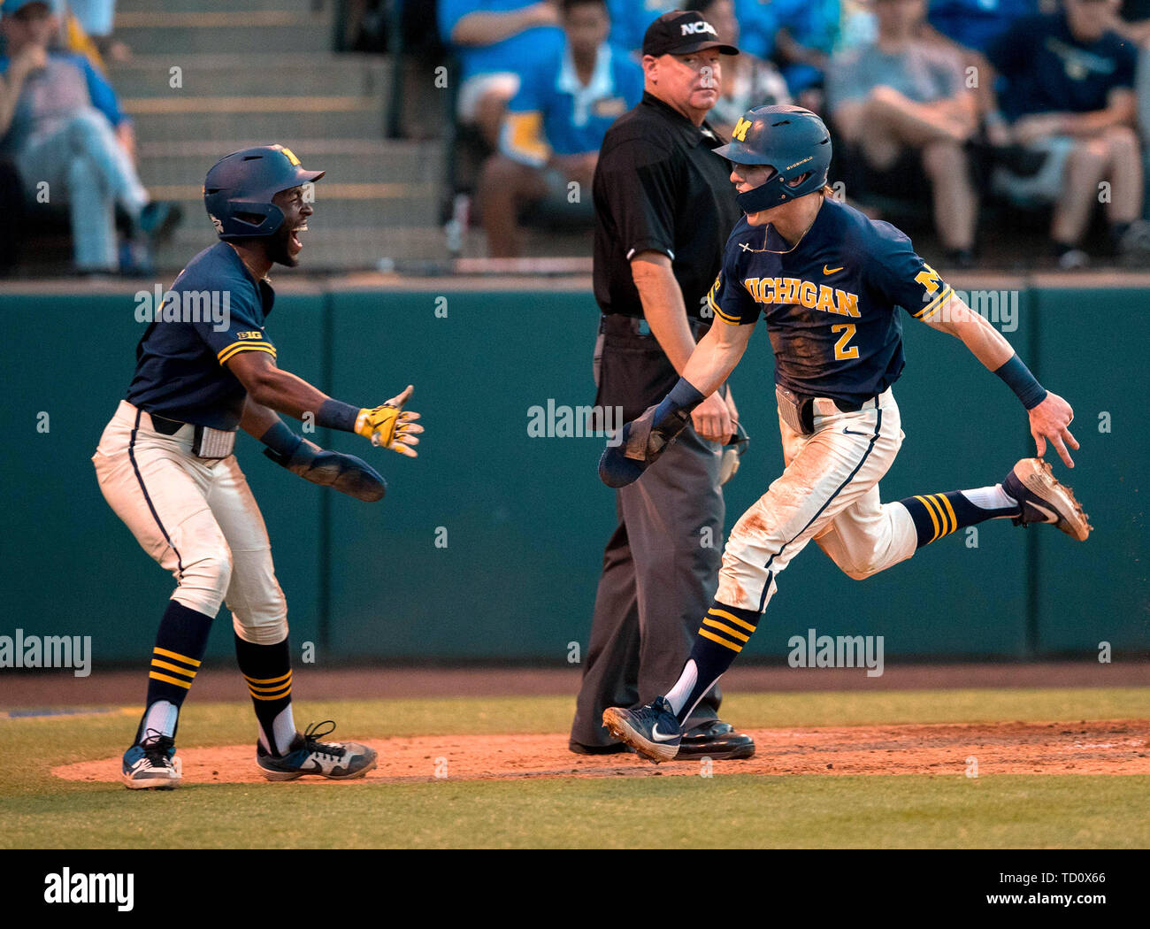 Los Angeles, CA, USA. 09th June, 2019. Michigan infielder (2) Jack Blomgren scores a run after dislocating his finger during an NCAA super regional game between the Michigan Wolverines and the UCLA Bruins at Jackie Robinson Stadium in Los Angeles, California. Michigan defeated UCLA 4-2. (Mandatory Credit: Juan Lainez/MarinMedia.org/Cal Sport Media) Credit: csm/Alamy Live News Stock Photo