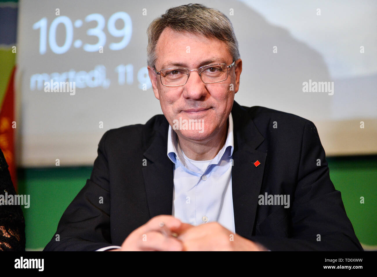 Turin, Piedmont, Italy. 11th June, 2019. Turin, Italy-June 11, 2019: Fiom-CGIL National Convention for the future of the car and investigation report on FCA. In the picture: Maurizio Landini General Secretary CGIL Credit: Stefano Guidi/ZUMA Wire/Alamy Live News Stock Photo