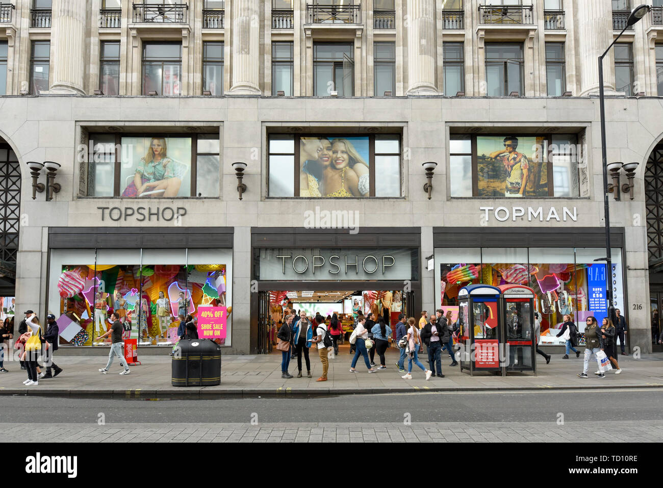 London, UK. 11 June 2019. The exterior of Arcadia owned Topshop at Oxford  Circus. Intu Properties, Arcadia's second largest landlord has stated that  it will oppose Arcadia's Company Voluntary Arrangement (CVA) proposal