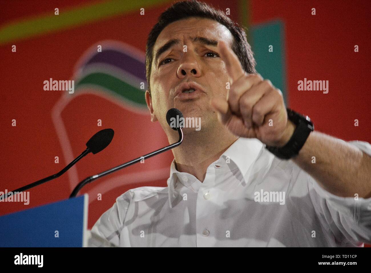 Athens, Greece. 10th June, 2019. Greek Prime Minister, Alexis Tsipras, speaks while making a gesture during the Presentation of the Political Program of SYRIZA at the Athens Concert Hall. Credit: SOPA Images Limited/Alamy Live News Stock Photo