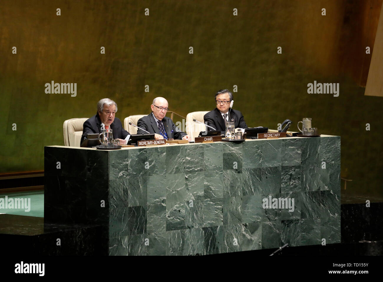 United Nations. 11th June, 2019. UN Secretary-General Antonio Guterres (L) addresses the 12th Session of the Conference of States Parties to the Convention on the Rights of Persons with Disabilities at the UN headquarters in New York, on June 11, 2019. The acting chair of Committee on the Rights of Persons with Disabilities said on Tuesday that due to cash flow difficulties United Nations is facing, sessions of six of the ten UN human rights treaty bodies will be cancelled. Credit: Li Muzi/Xinhua/Alamy Live News Stock Photo