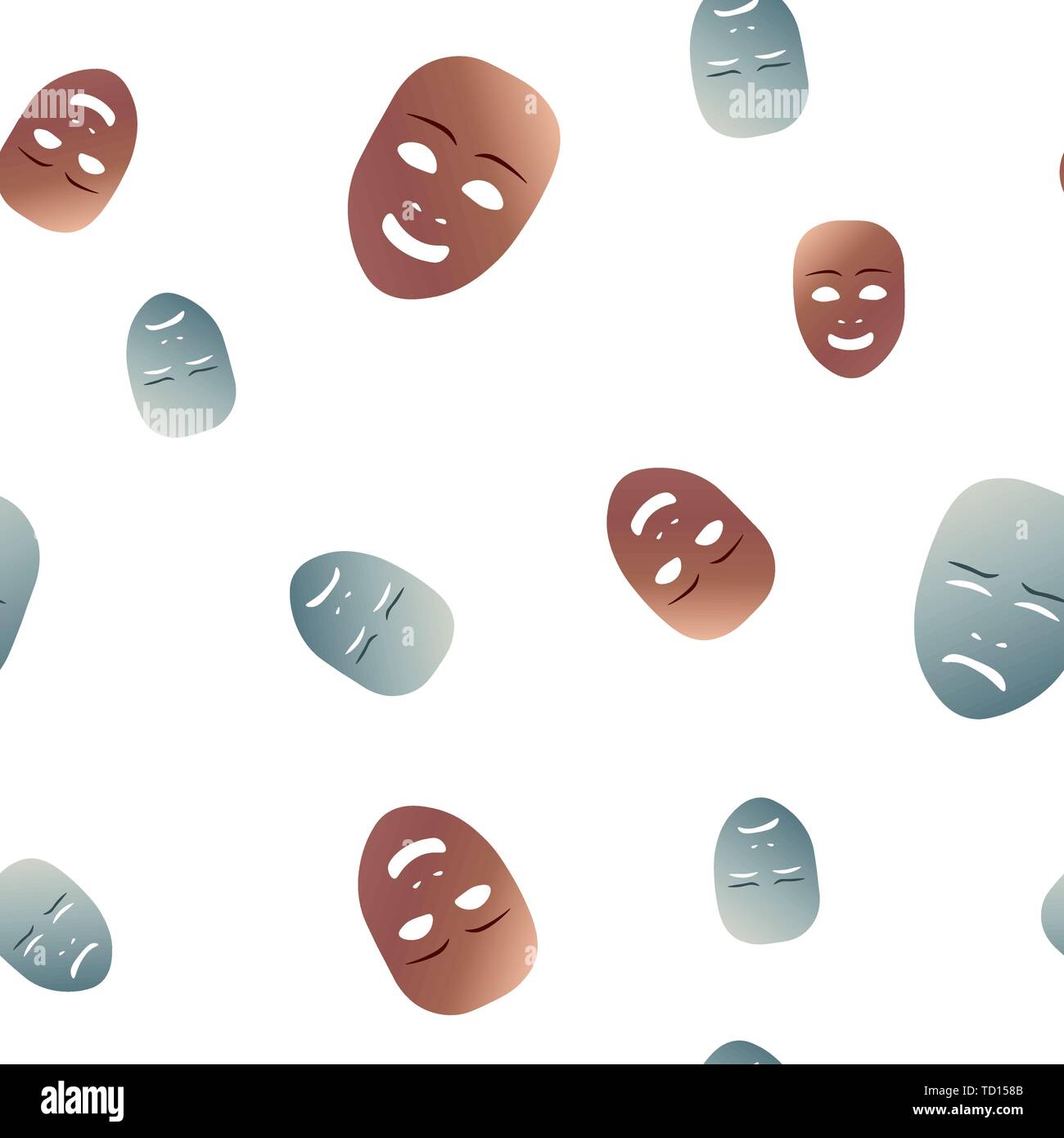 Seamless pattern theatrical mask with crying and happy emotion. Vector illustration. Bronze and silver masks with gradient isolated on white backgroun Stock Vector