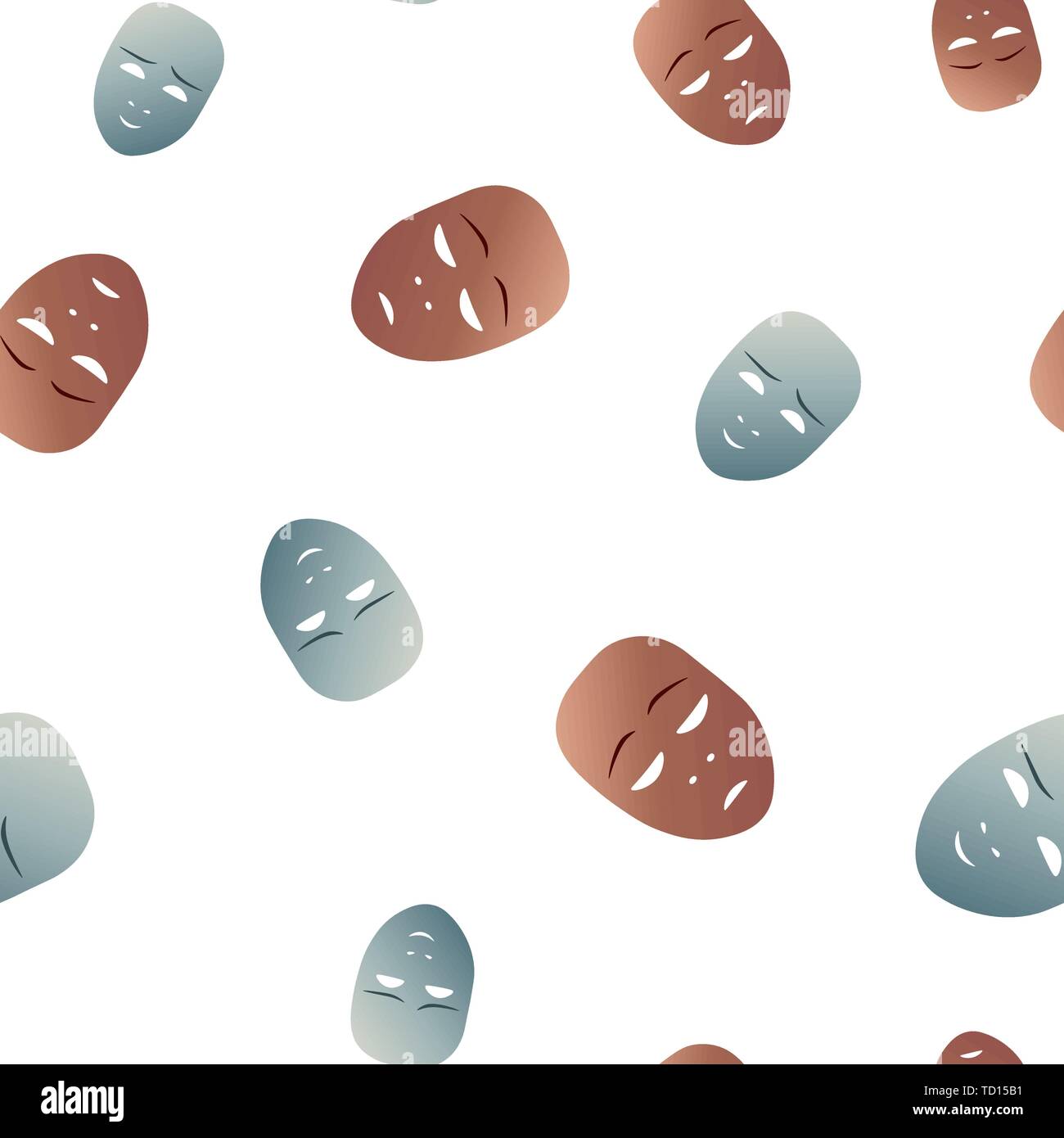 Seamless pattern theatrical mask with apathy and smiling emotion. Vector illustration. Bronze and silver masks with gradient isolated on white backgro Stock Vector