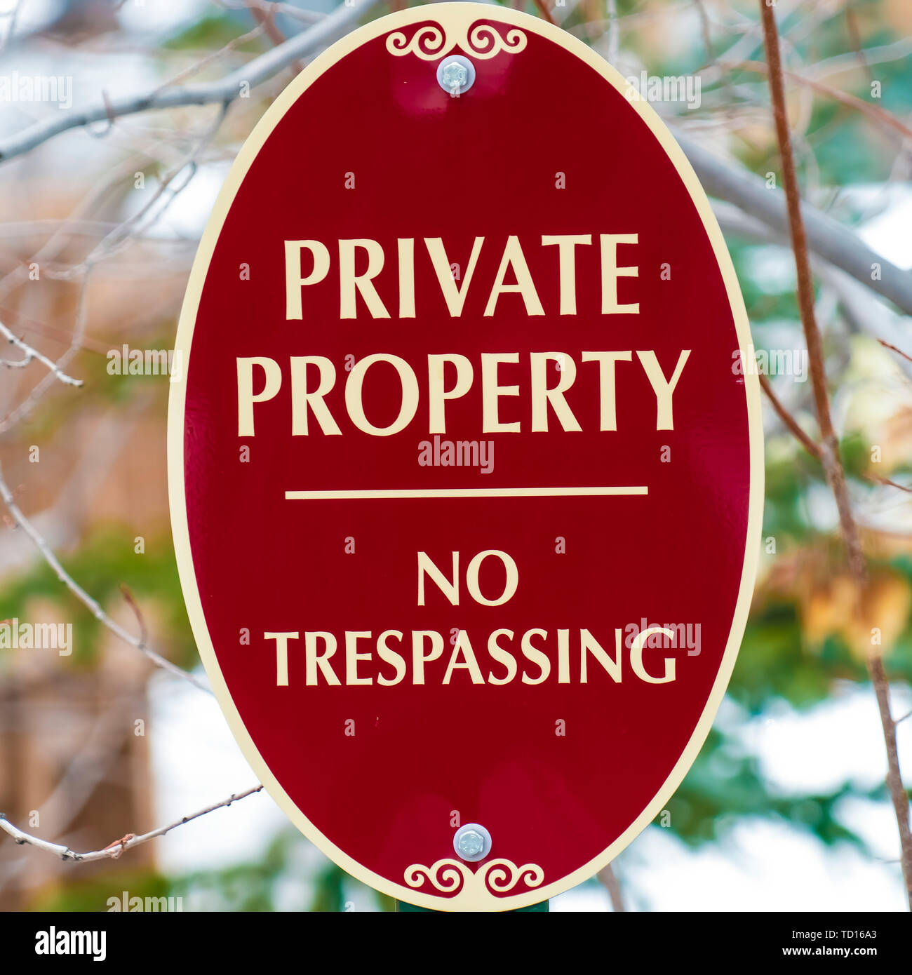 Square Oval shape Private Property No Trespassing sign with red and