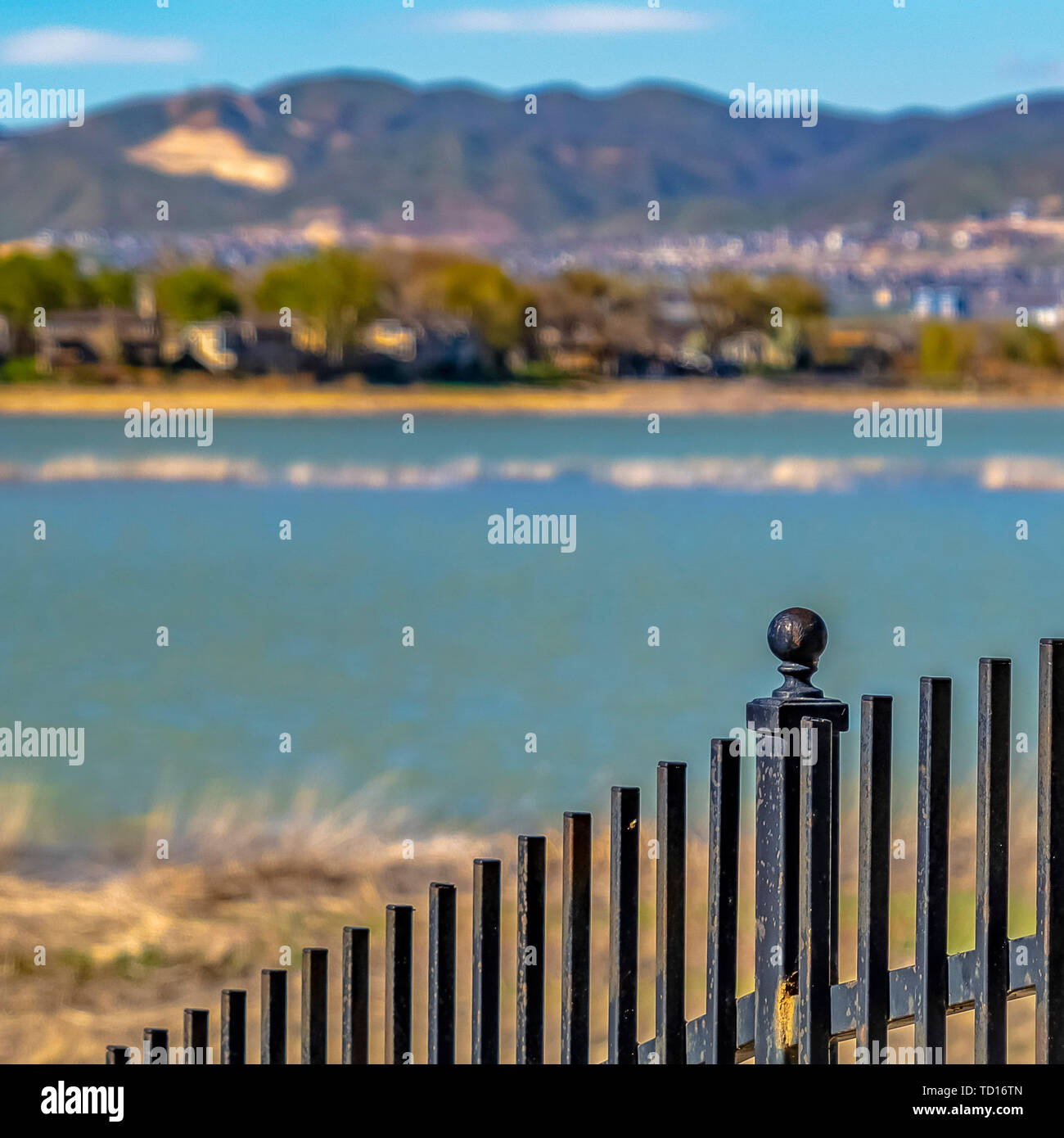 Square Black metal fence with a lake and grassy shore in the background ...