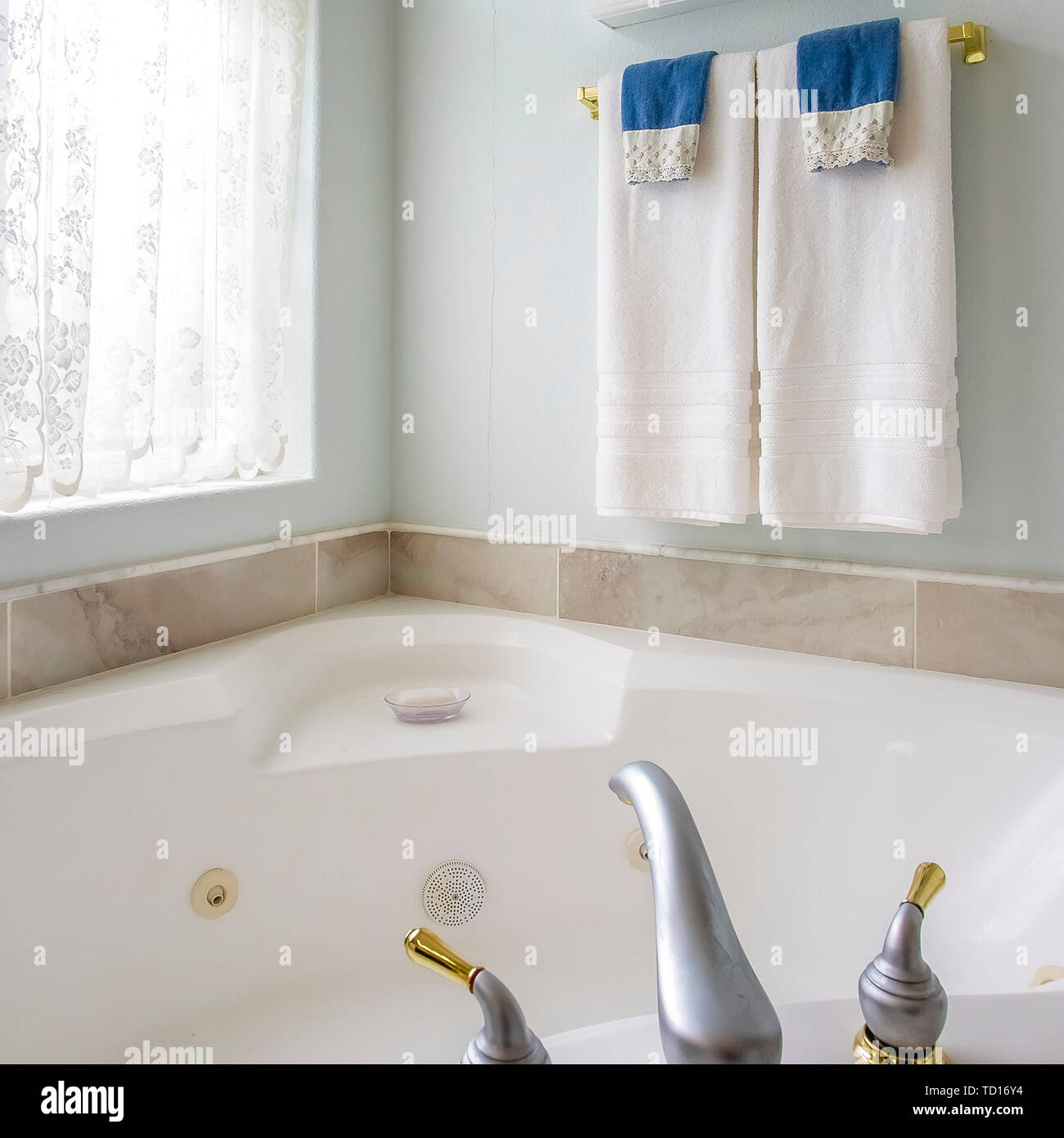 Square frame Bathroom interior with agleaming bathtub beside a Square frame Bathroom interior with agleaming bathtub beside a