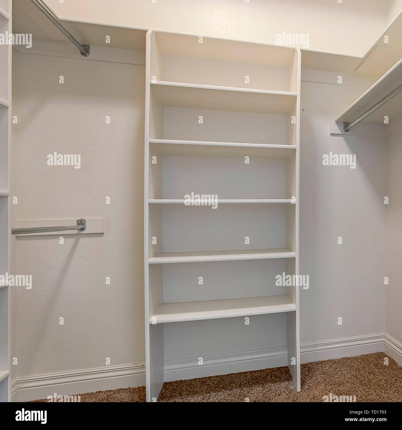 Square Interior of a walk in closet with shelves and shiny garment rods