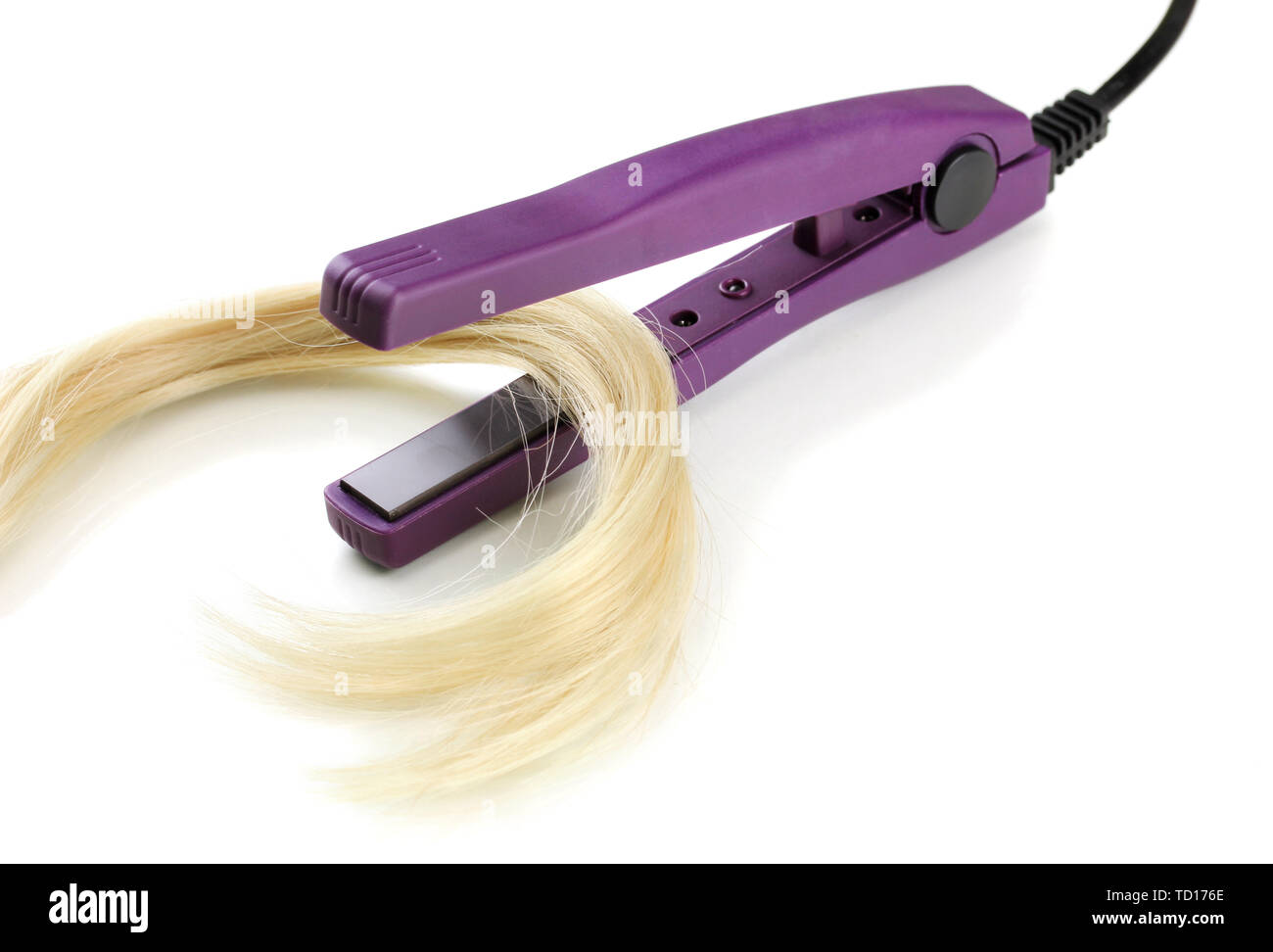 Hair straighteners and hair, isolated on white Stock Photo Alamy