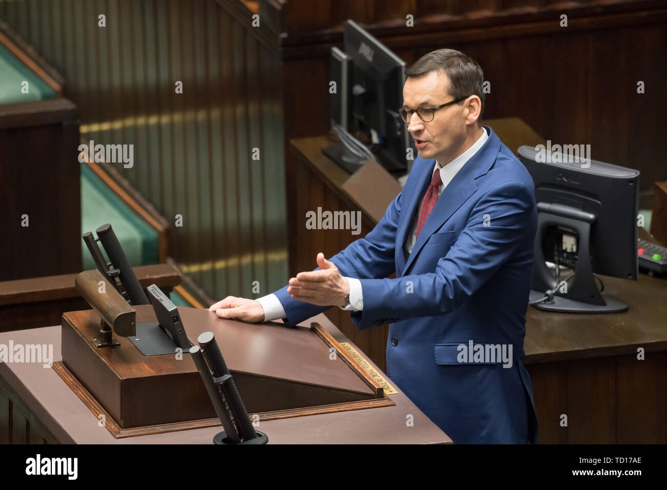 Mateusz Morawiecki, Prime Minister of Poland, during his speech in Sejm Rzeczypospolitej Polskiej (Sejm of the Republic of Poland) the lower house of  Stock Photo
