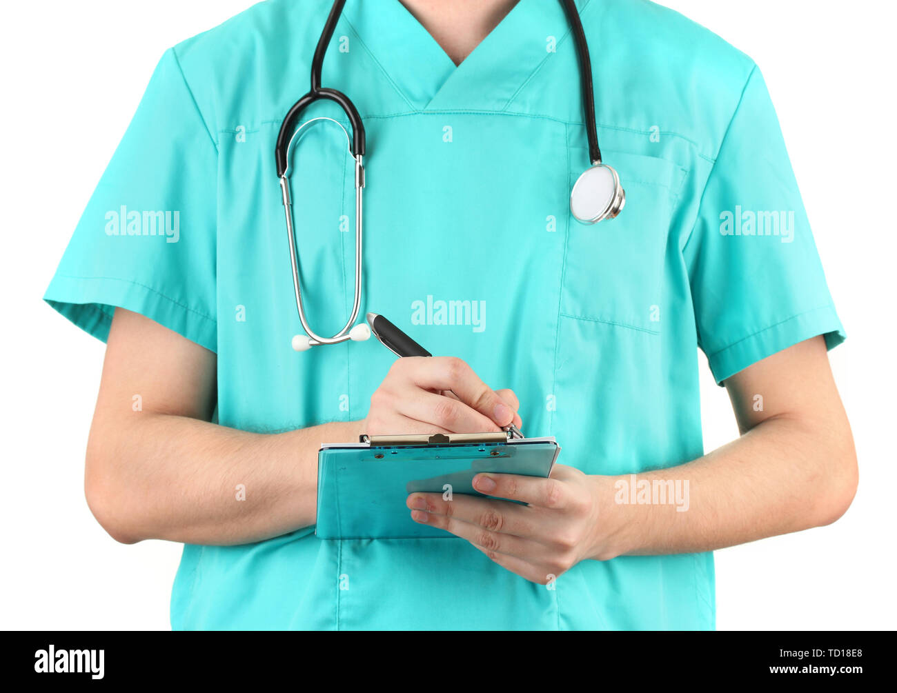 Hand of doctor with pen writing on prescription blank, isolated on ...