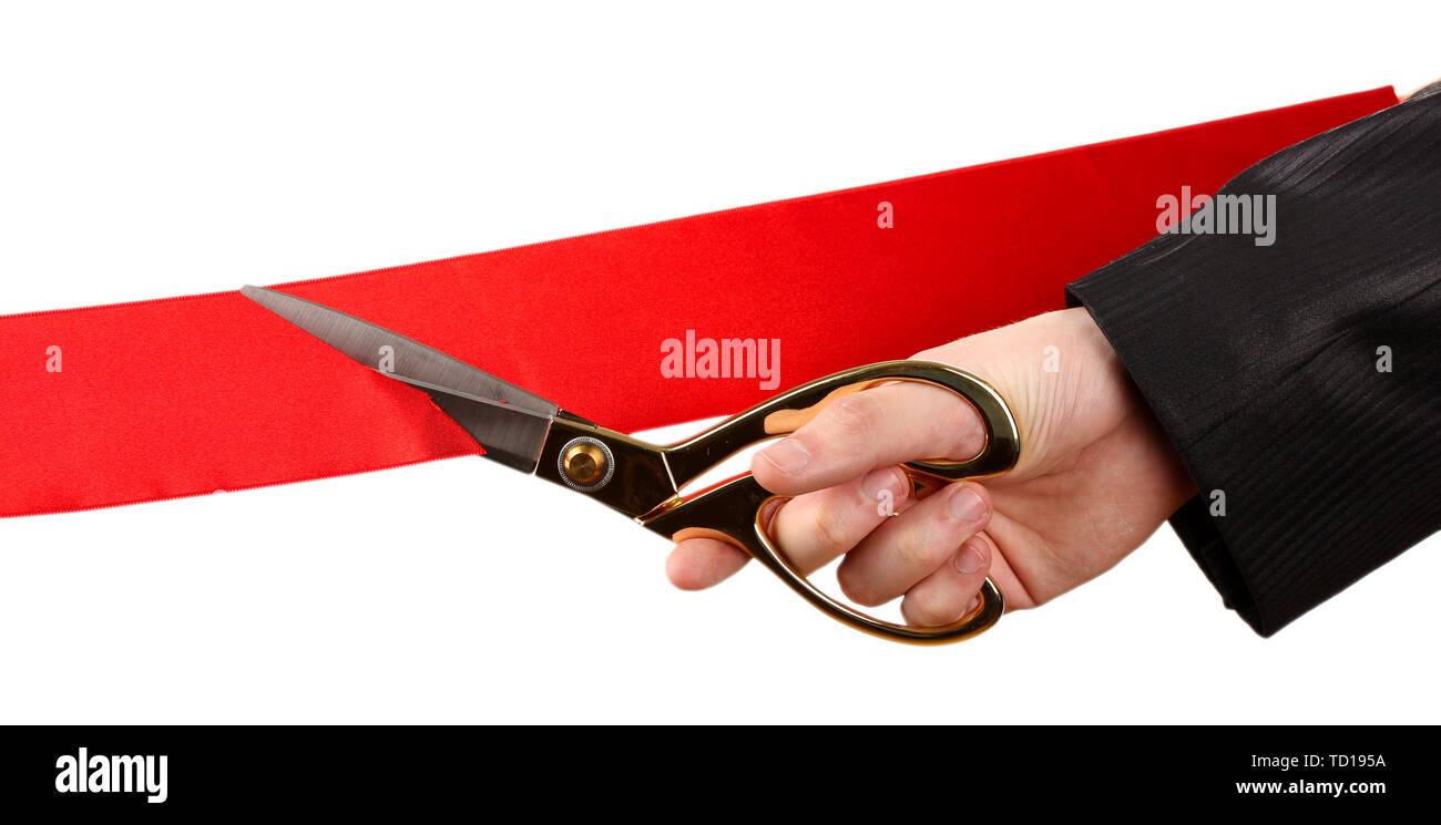 Red Ribbon Cutter Cutting red ribbon, isolated on white Stock Photo - Alamy
