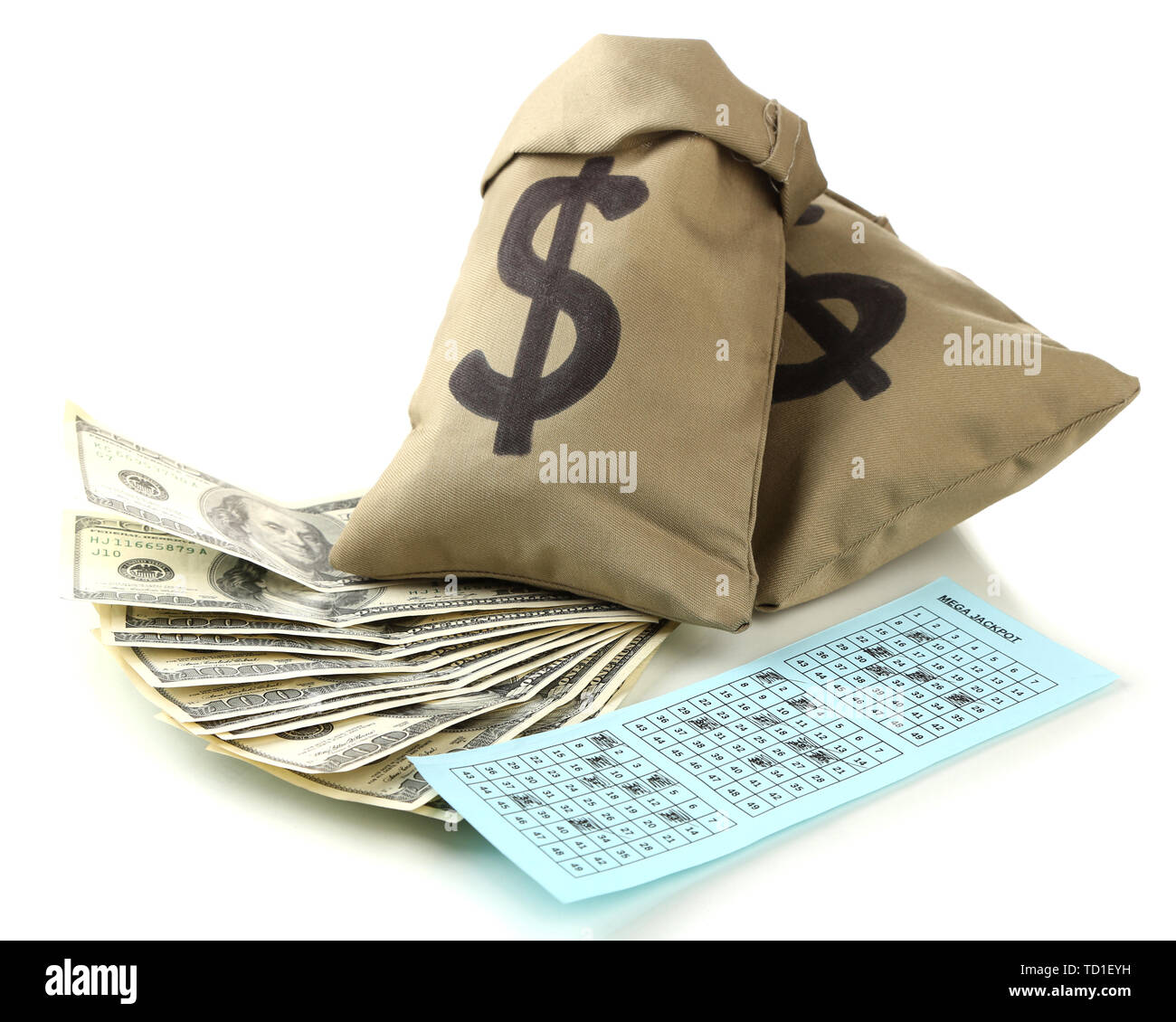 Lottery ticket and bags with money, isolated on white Stock Photo Alamy