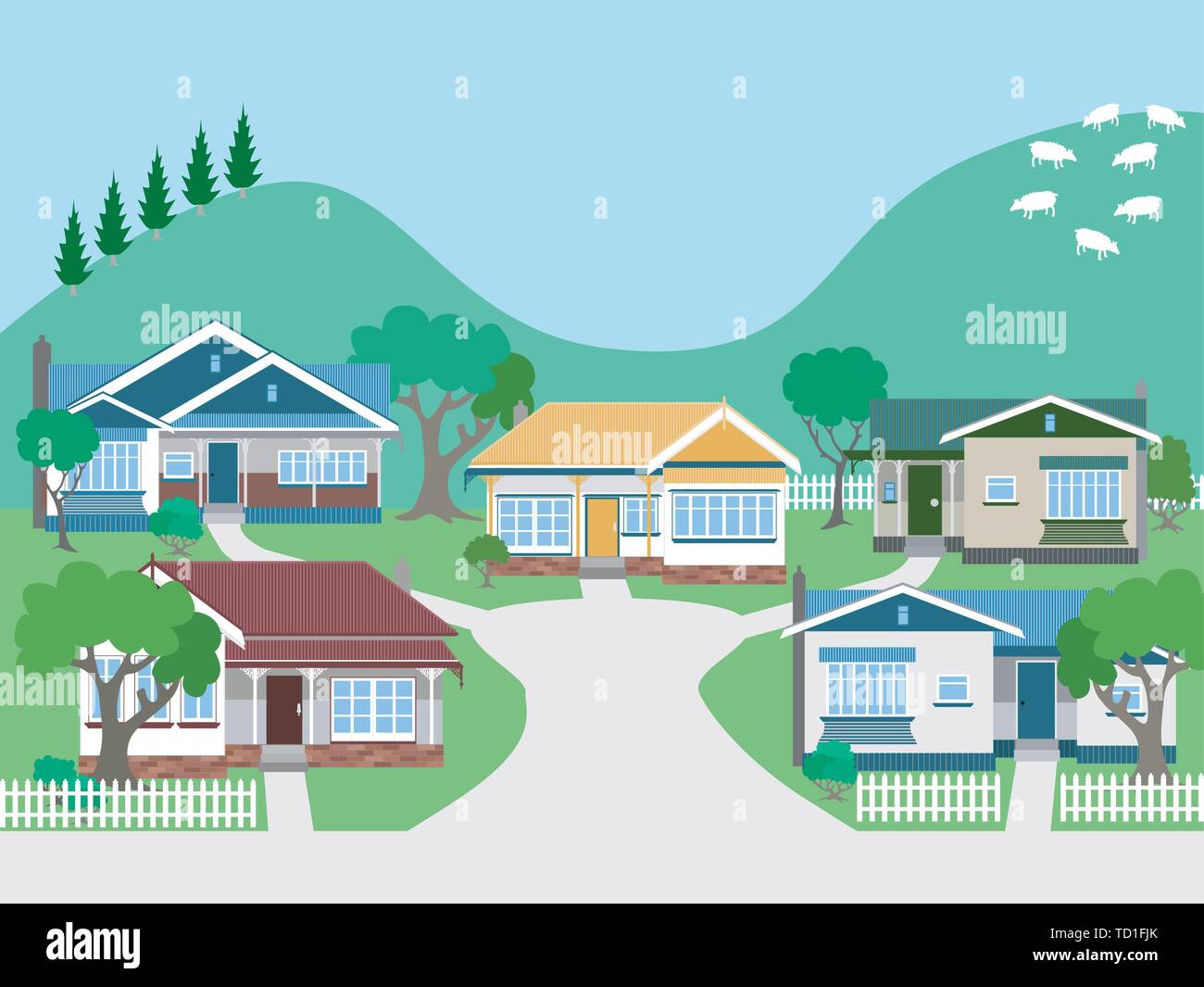 Villas and Bungalow Houses in Suburban Street EPS8 grouped and layered Stock Vector