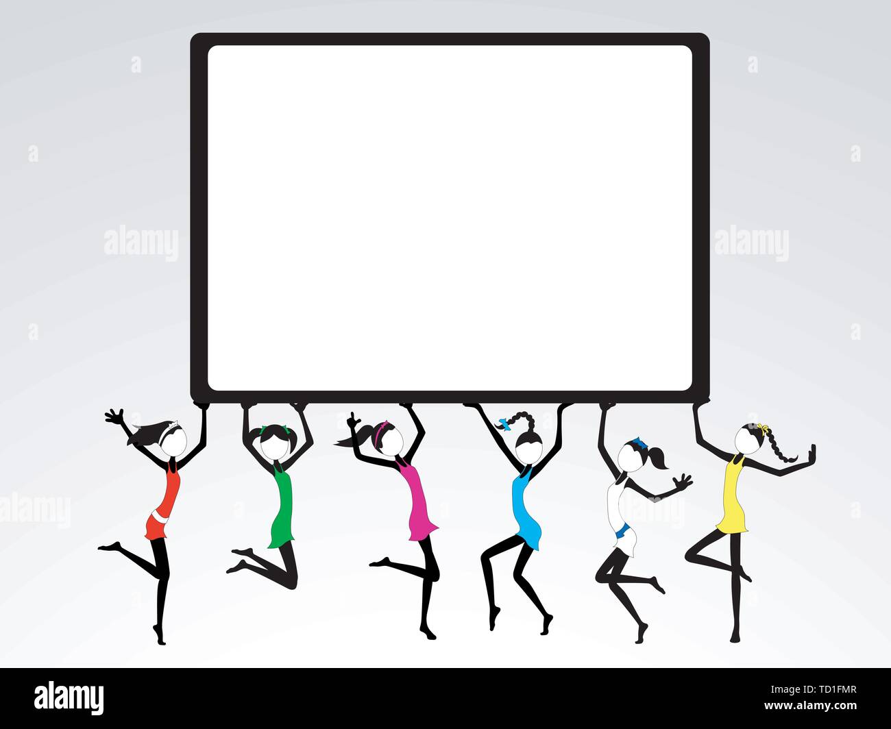 Fun Stick Figure Girls in colorful dresses carrying a billboard with large copy space - each girl grouped separately, dresses removable and easy to ch Stock Vector