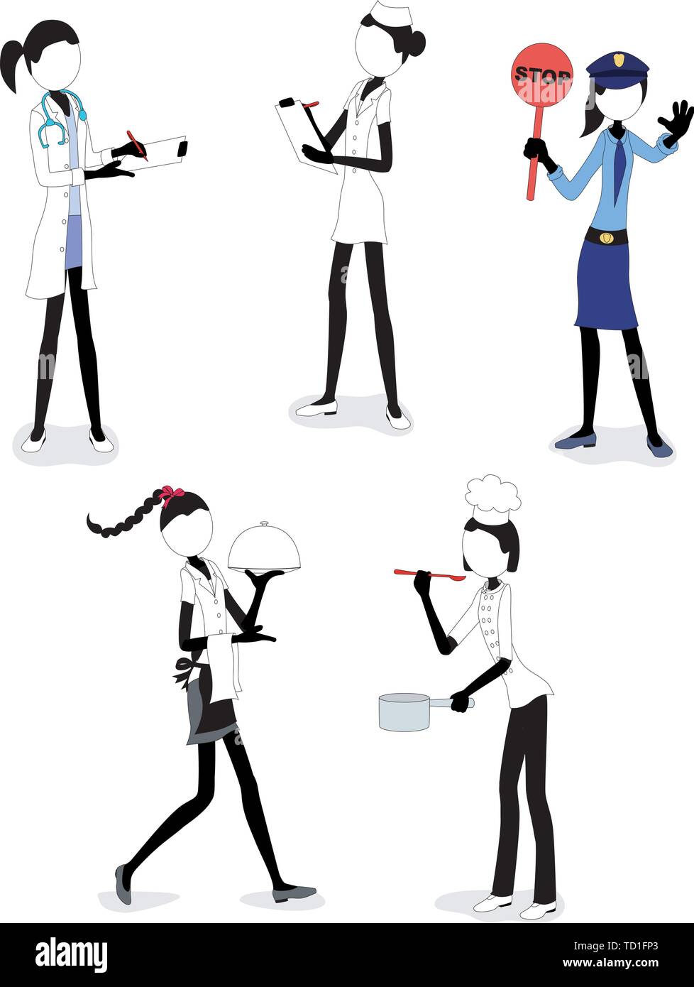 Stick Figure Girls at work in service occupations - each girl grouped separately, clothes removable & easy to change color Stock Vector