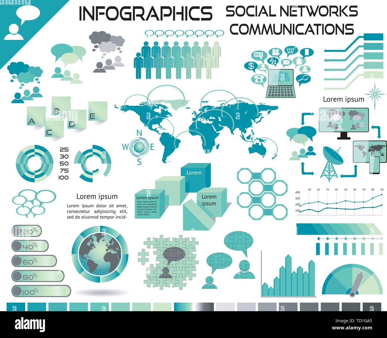 Infographics Communications Social Networks. All objects grouped separately and easy to edit, EPS10, Source Map Reference: http://www.nasa.gov/images/ Stock Vector