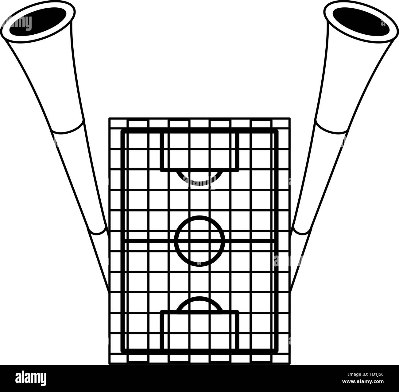 Soccer playfield and horns top view in black and white Stock Vector