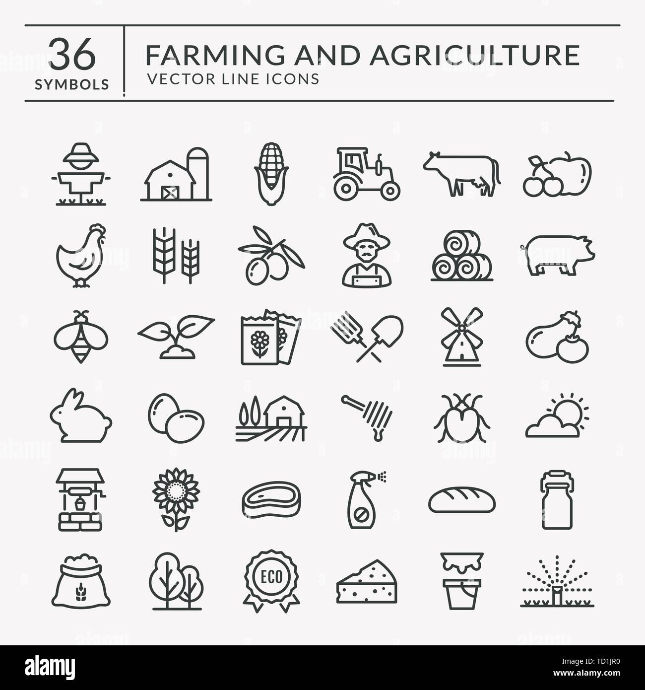 Farming and agriculture line icon set. Vector isolated farm and countryside outline symbols: cereal crop, fruits, vegetables, natural dairy products. Stock Vector