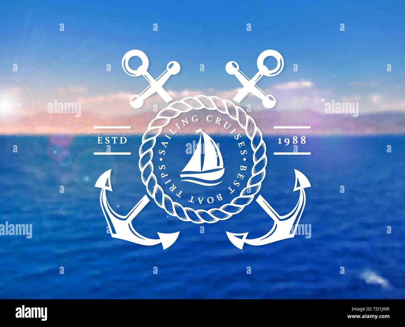Sailing cruises logo on blurred sea background. Sailboat trips emblem with anchors and rope frame. Vector template. Stock Vector
