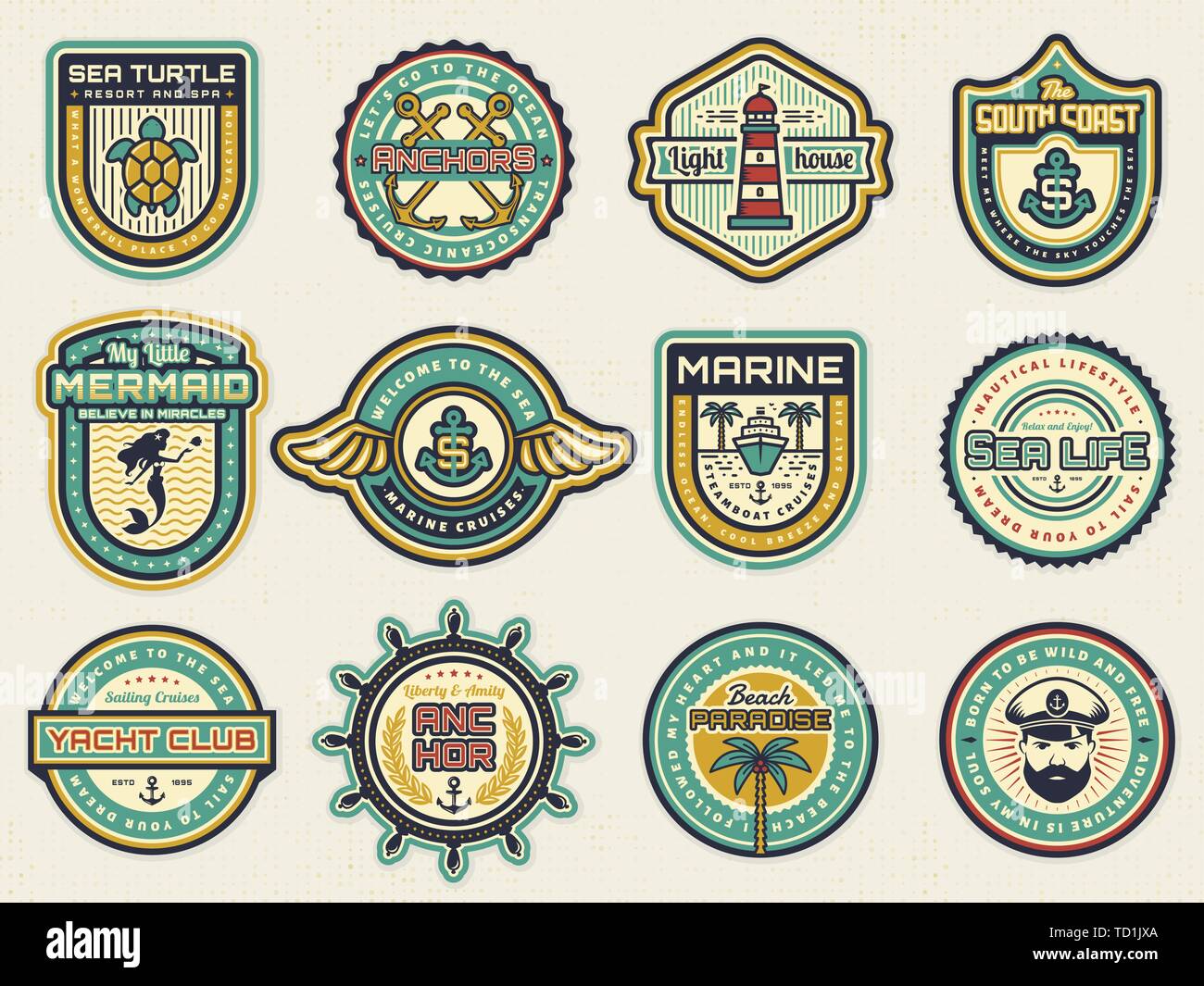 Retro nautical emblem set with anchors, steering wheel, lighthouse. Cruise, yachting, travel, sea life, beach resort themes. Vintage vector badges. Stock Vector