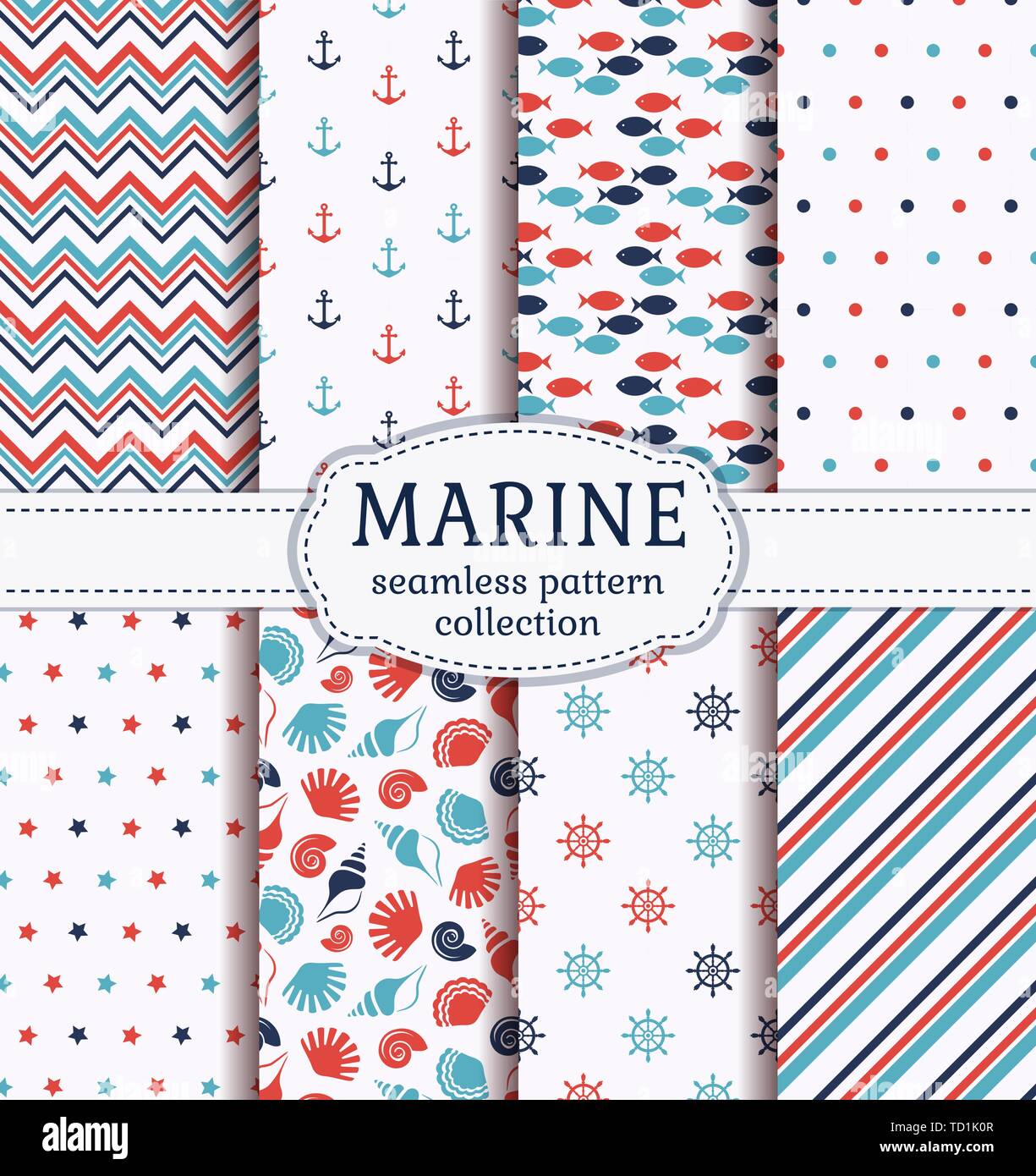 Set of marine and nautical backgrounds in blue, red and white colors. Sea theme. Cute seamless patterns collection. Vector illustration. Stock Vector