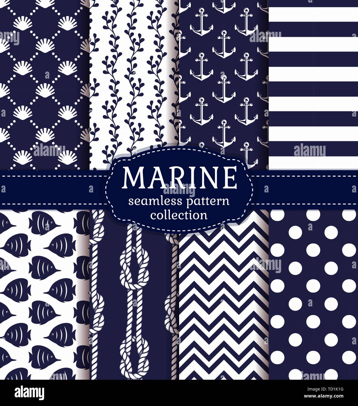 Set of marine and nautical backgrounds in navy blue and white colors. Sea theme. Elegant seamless patterns. Vector collection. Stock Vector