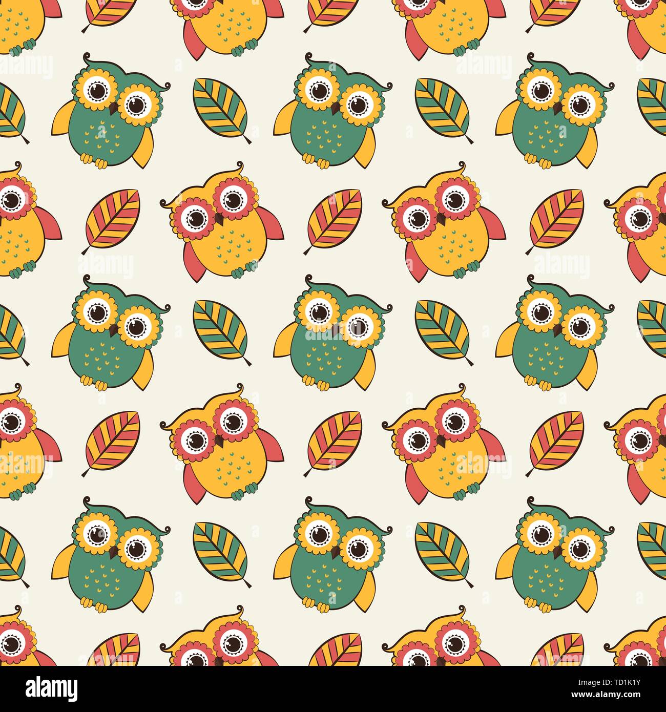 Seamless background with cute owls and leaves. Vector pattern. Stock Vector