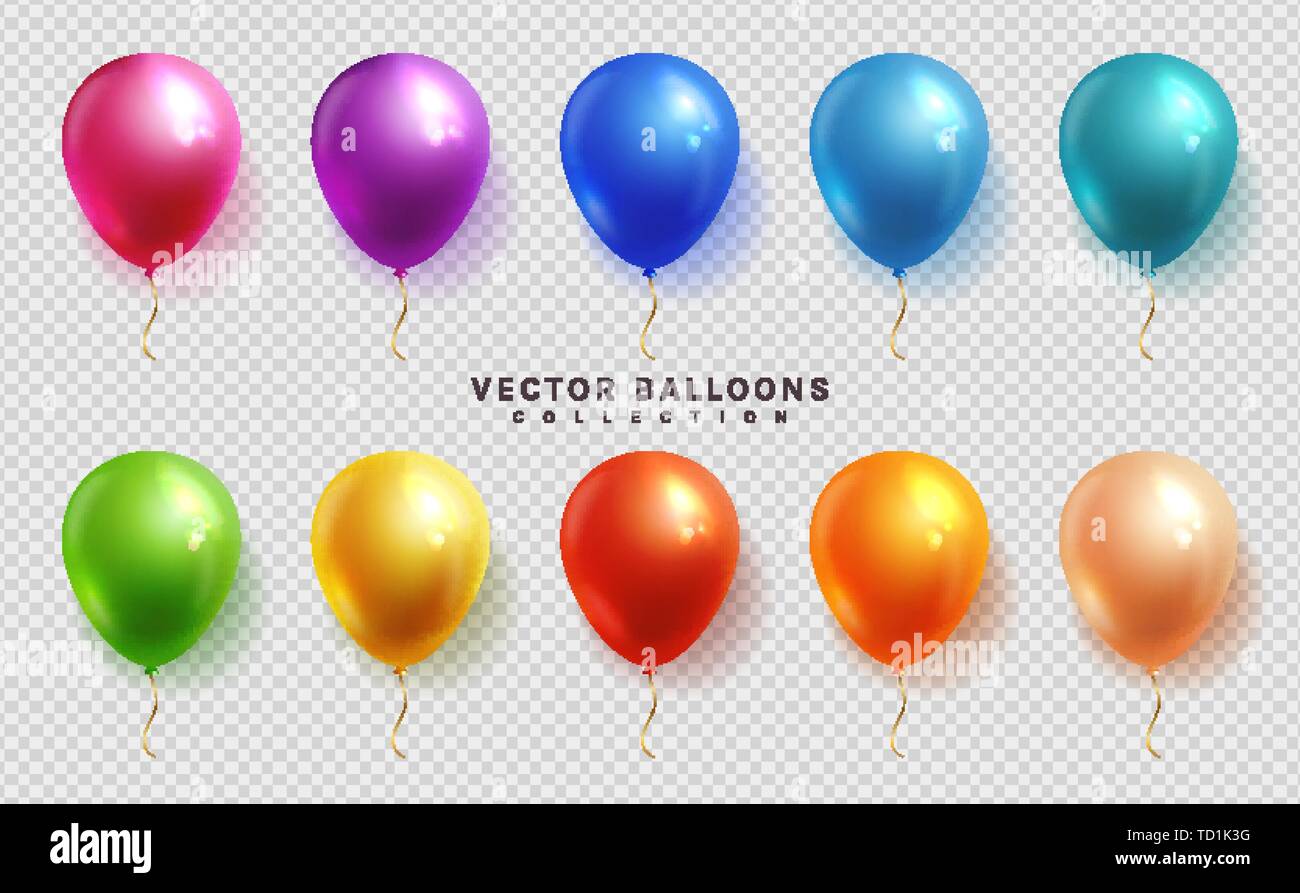 Set of colorful balloons on a transparent background. Vector objects in realistic style. Stock Vector