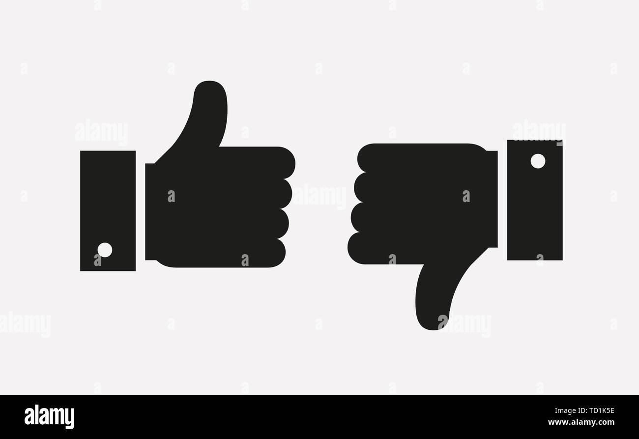 Thumbs up and thumbs down icons isolated on white background. Hands showing Like and Dislike signs. Vector symbols. Stock Vector
