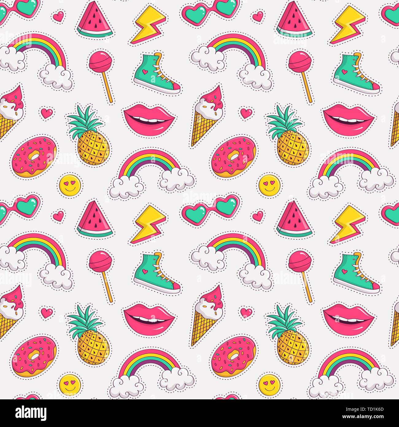 Cute seamless pattern with colorful patch badges. Fashion background in white, pink, blue-green and yellow colors. Vector trendy illustration. Stock Vector