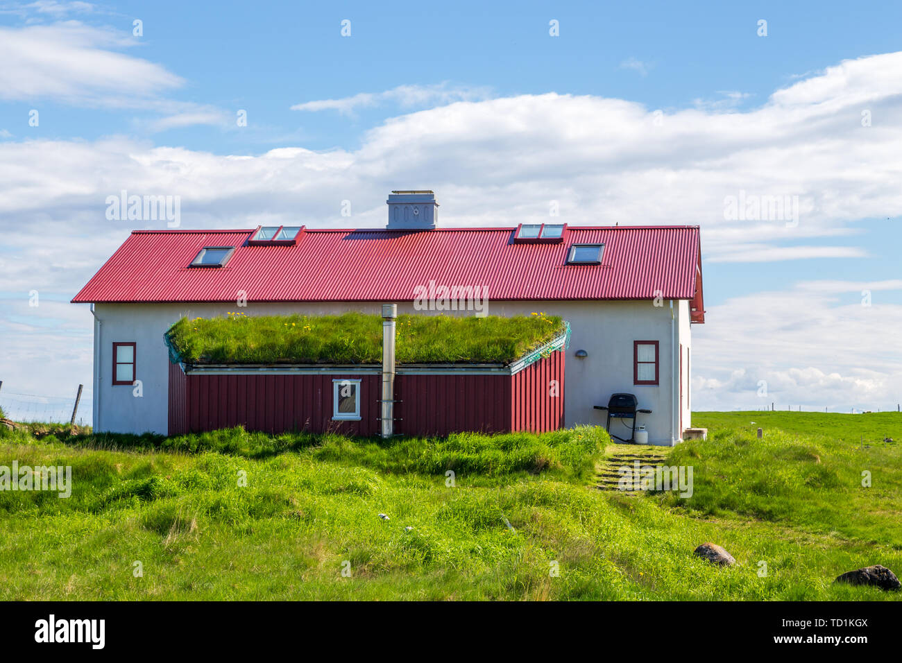 Icelandic eco house with grass on the roof, in the village on Flatey island, Iceland Stock Photo
