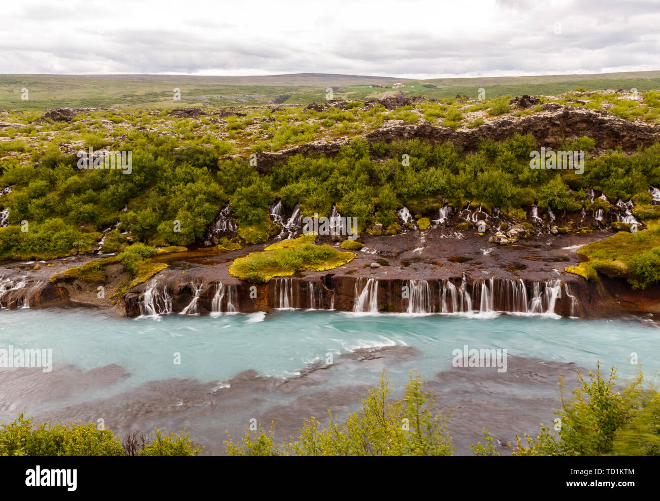 Hraunfossar waterfall streams falling into Hvita river, Husafell, Western Iceland Stock Photo