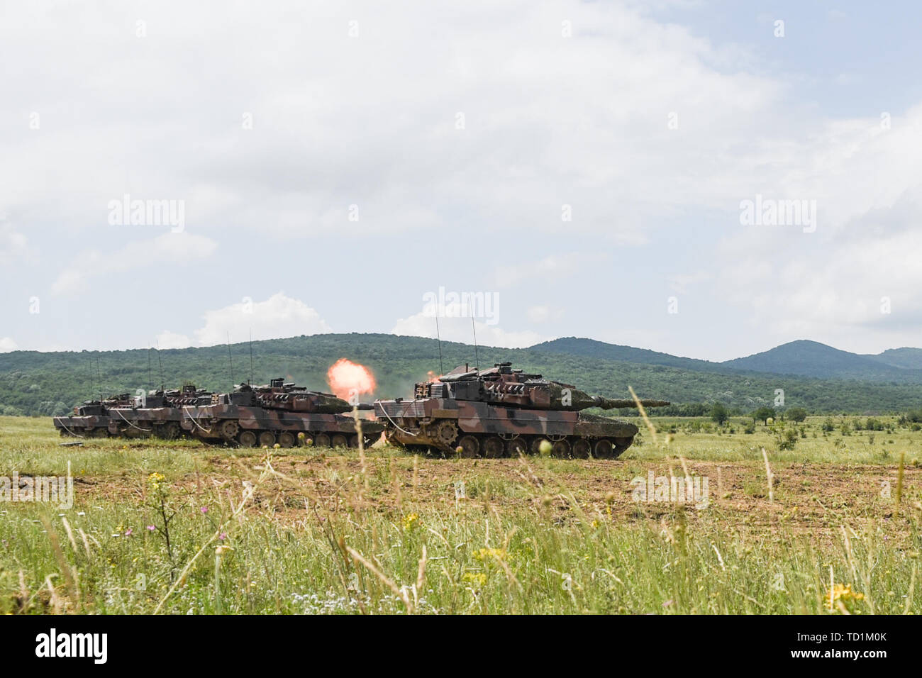 A platoon of German Leopard tanks controlled by the Greek Army fire upon distant targets June 10, 2019 on Novo Selo Training Area, Bulgaria, as a part of STRIKE BACK 19. This was the beginning of the second day of a two-part exercise in which a hilltop fighting position was lost and must be regained with the help of two platoons of U.S. Army Bradley Fighting Vehicles from 1 Battalion 16th Infantry Regiment and a Bulgarian armored unit.    STRIKE BACK 19 is a multinational exercise hosted by the Bulgarian Armed Forces at Novo Selo Training Area, Bulgaria, from June 6-20, 2019. STRIKE BACK 19 is Stock Photo