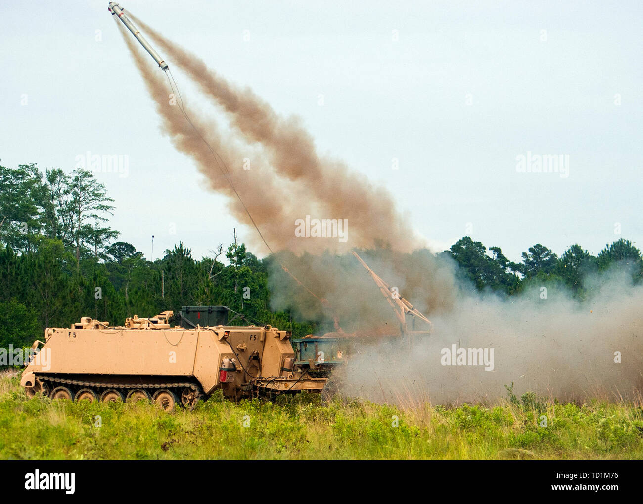 U.S. Army National Guard Soldiers with the 174th Engineer Company, 178th Engineer Battalion, 59th Troop Command, South Carolina National Guard, conduct Mine Clearing Line Charge live-fire operations at Fort Stewart, Georgia, June 8, 2019, during annual training. (U.S. Army National Guard photo by Sgt. Brian Calhoun, 108th Public Affairs Detachment) Stock Photo