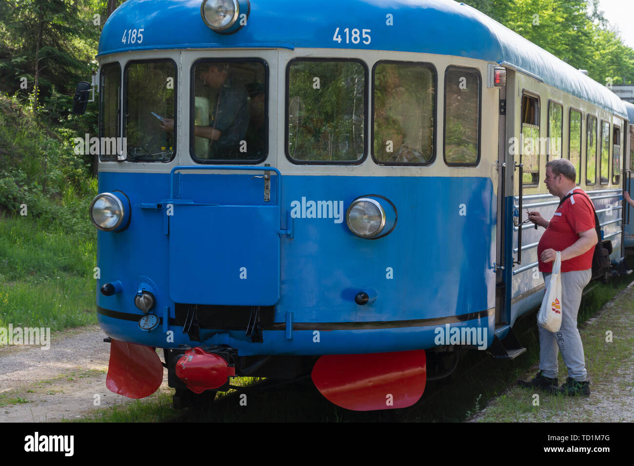 Old blue railbus in Lahti Finland Stock Photo
