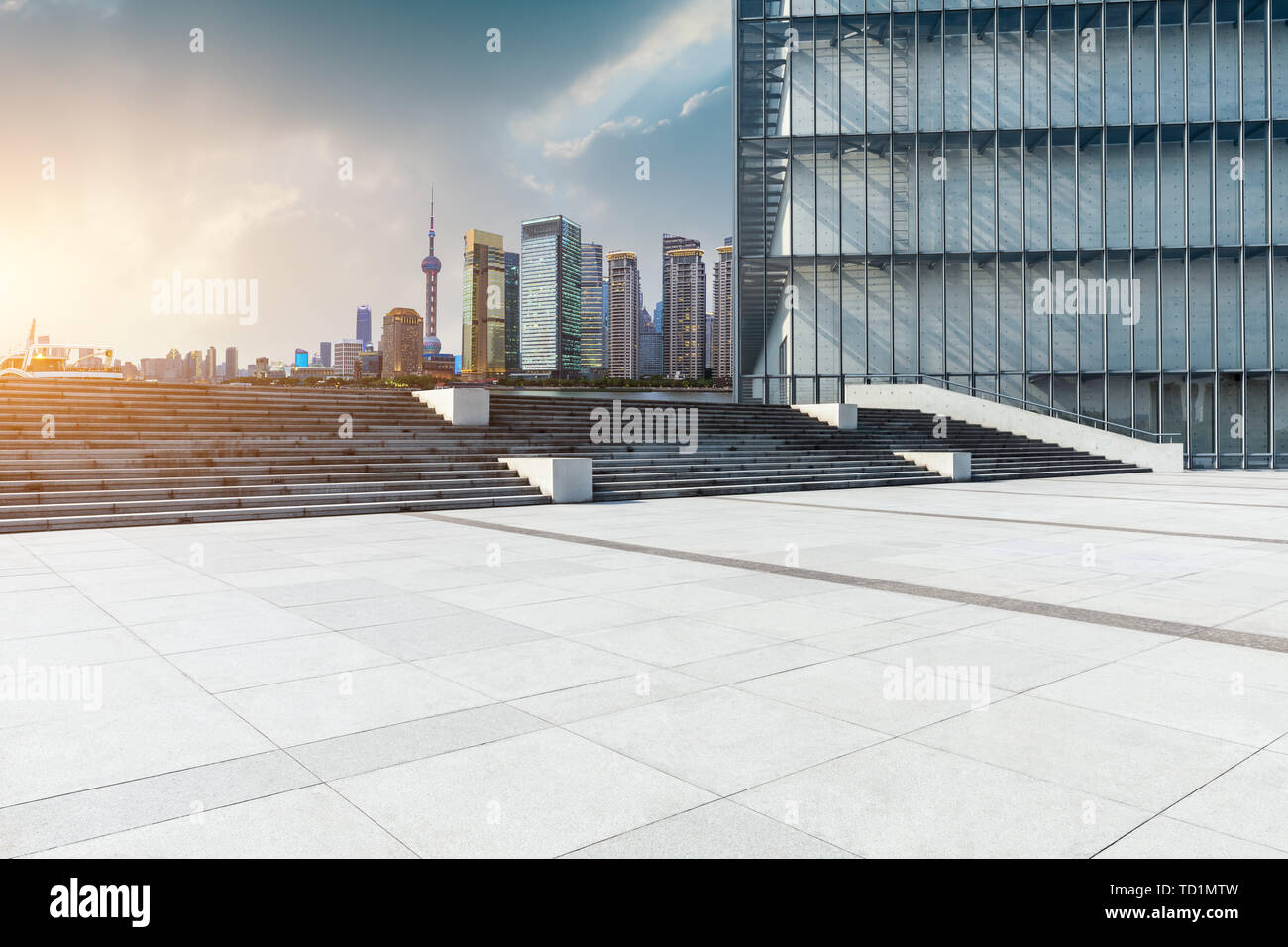 Shanghai Skyline And Modern City Skyscrapers With Empty Floor At Sunset China Stock Photo Alamy