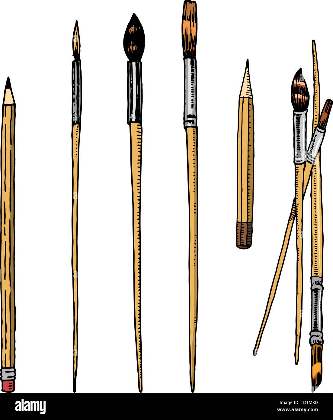 Tools and materials of the artist for drawing. Brushes and pencils 