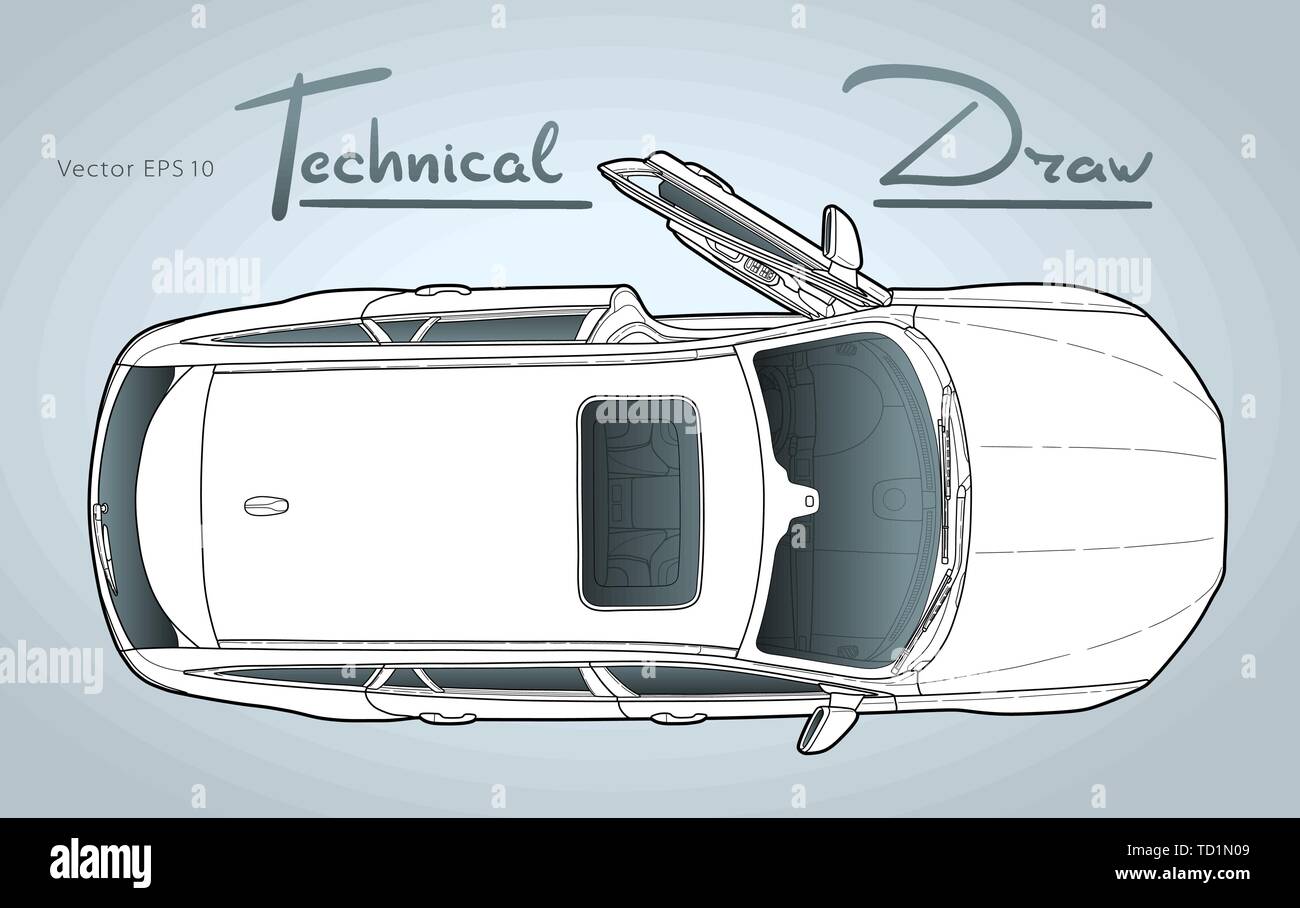 White Carwith The Door Open From Top View Vector Illustration