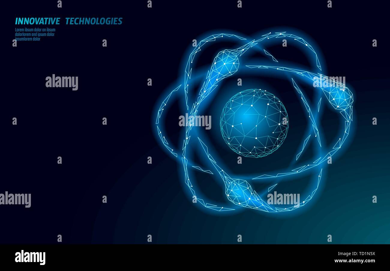 Atom structure science sign. E-learning distance graduate online concept. Low poly 3D render physics chemistry design banner template. Internet Stock Vector