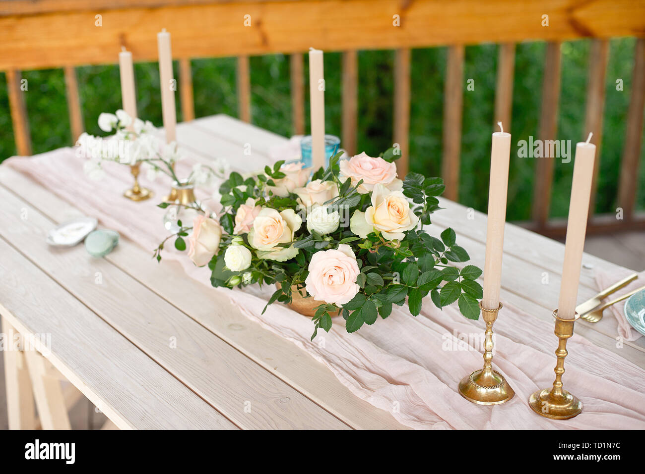 Decorated Table For Dinner For Two Person With Plates Knife Fork